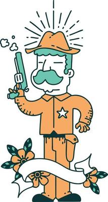 scroll banner with tattoo style wild west sheriff