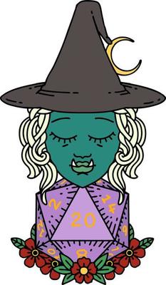 Retro Tattoo Style half orc wizard with natural twenty dice roll