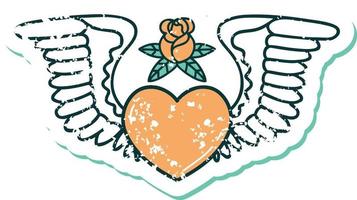 iconic distressed sticker tattoo style image of a heart with wings vector