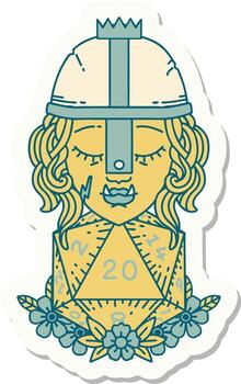 sticker of a orc fighter character with natural twenty dice roll vector