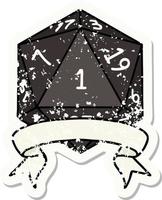 grunge sticker of a natural one d20 dice roll vector