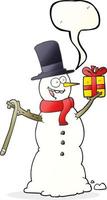 freehand drawn speech bubble cartoon snowman holding present vector