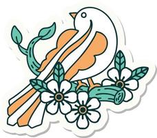 sticker of tattoo in traditional style of a bird on a branch vector