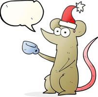 Ratón de dibujos animados de burbujas de voz dibujada a mano alzada con sombrero de navidad vector