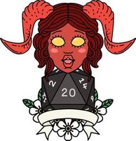Retro Tattoo Style tiefling with natural twenty dice roll vector