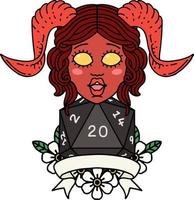 estilo de tatuaje retro tiefling con tirada natural de veinte dados vector