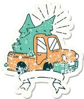 worn old sticker of a tattoo style truck carrying trees vector
