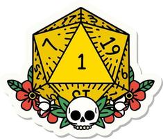 sticker of a natural one dice roll with floral elements vector