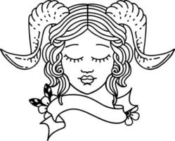 Black and White Tattoo linework Style tiefling character face with scroll banner vector