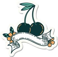 tattoo style sticker with banner of cherries vector