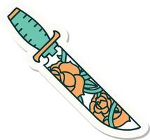 pegatina de tatuaje al estilo tradicional de una daga y flores vector