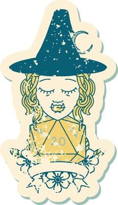 Retro Tattoo Style half orc witch character with natural 20 dice roll