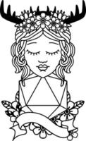 Black and White Tattoo linework Style human druid with natural twenty dice roll vector