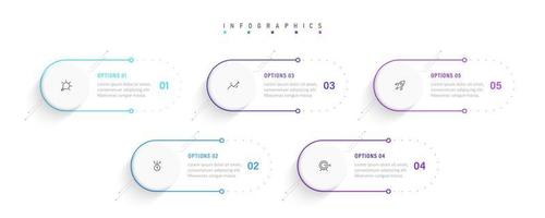 plantilla de diseño de etiquetas infográficas vectoriales con iconos y 5 opciones o pasos. se puede utilizar para diagramas de proceso, presentaciones, diseño de flujo de trabajo, banner, diagrama de flujo, gráfico de información. vector