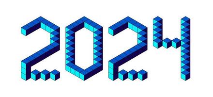 New Year 2024 design from blue cubes on white. 8 bit isometric style. vector