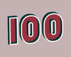 Vector number 100 with 3D effect in retro style. Well red and Deep Teal colors