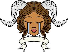 Retro Tattoo Style crying tiefling with scroll banner vector