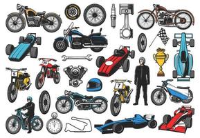 Racing sport bikes, bolides, racer cars, speedway vector