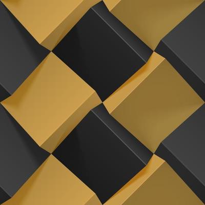 Seamless geometric pattern with realistic black and gold cubes. Vector template for wallpapers, textile, fabric, wrapping paper, backgrounds. Texture with volume extrude effect. Vector illustration.