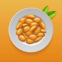 Plate with almonds nuts and green leaves. Realistic vector 3d illustration. Top view. Vector template for packaging design, labels, printing. EPS 10.