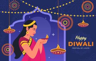 Flat Women Holding Candle in Diwali Day Festival vector