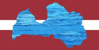 Outline map of Latvia with the image of the national flag. Ice inside the map. Vector illustration. Energy crisis.