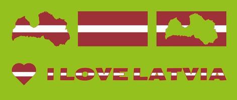 Set of vector illustrations with Latvia flag, country outline map and heart. Travel concept.