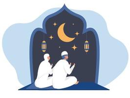 Muslim people praying in the Mosque at night,Arabian in traditional clothes for national religious holiday vector illustration.