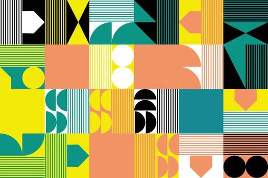 Background texture with geometric patterns involving squares, rectangles, triangles, circles, kites, rhombuses combined with bright colors. Colorful abstract background vector