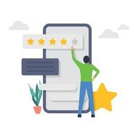 Characters giving five star feedback. Customer reviews stars with rate and text illustration. vector