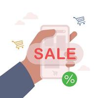 Hand holding smartphone online shopping sale concept illustration. vector