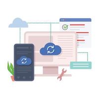 Cloud computing upload and download data online service with mobile and computer illustration. vector