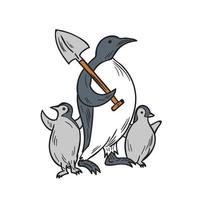 Penguin Holding Shovel With Chicks Drawing vector