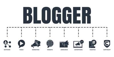 Blogger, conjunto de iconos web de banner de blogs. hashtag, video, derechos de autor, anuncio, sitio web, marketing, red, concepto de ilustración vectorial publicitaria. vector