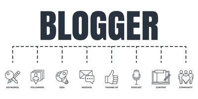 Blogger, conjunto de iconos web de banner de blogs. contenido, podcast, comunidad, mensaje, aprobación, seguidores, palabras clave, concepto de ilustración de vector de idea.