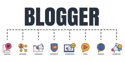 Blogger, conjunto de iconos web de banner de blogs. hashtag, video, derechos de autor, anuncio, sitio web, marketing, red, concepto de ilustración vectorial publicitaria. vector