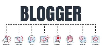 Blogger, blogging banner web icon set. hashtag, video, copyright, announce, website, marketing, network, advertising vector illustration concept.