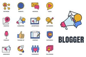 Set of Blogger, blogging icon logo vector illustration. followers, keywords, idea, copyright, announce, website and more pack symbol template for graphic and web design collection