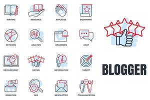 Set of Blogger, blogging icon logo vector illustration. newsletter, target, communication, resource, development, analysis and more pack symbol template for graphic and web design collection