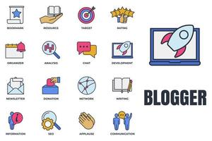 Set of Blogger, blogging icon logo vector illustration. newsletter, target, communication, resource, development, analysis and more pack symbol template for graphic and web design collection