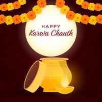 happy karwa chauth illustration with full moon and marigold flowers vector