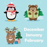 linda ilustración de invierno de navidad de un ciervo con una guirnalda de navidad en sus cuernos, un árbol de navidad con regalos. oso de peluche y pingüino en ropa de abrigo. diciembre enero febrero.