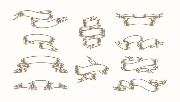 Vintage ribbons with antique flourishes. Vector set. Collection of elegant outline banners isolated on clean background. Various shapes