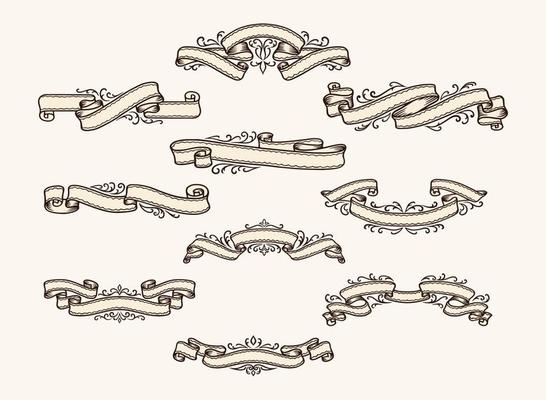 Vintage ribbons with antique flourishes. Vector set. Collection of elegant outline banners isolated on clean background. Various shapes