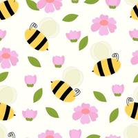 Seamless pattern of bees and pink flowers on white background. Can be used for spring and summer background, digital printing, nature wallpaper vector