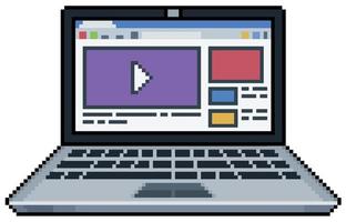 Pixel art laptop with video platform, video site vector icon for 8bit game on white background