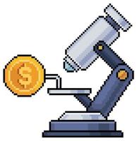 microscopio de arte de píxeles que analiza monedas y dinero, icono de vector de análisis de inversión para juego de 8 bits sobre fondo blanco