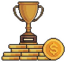 Pixel art trophy over stack of money and coins  vector icon for 8bit game on white background