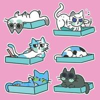 Cat in different poses with box cartoon set vector