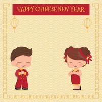 cute young couple in red Chinese new year traditional dress on golden background square banner vector